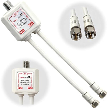 2-Way coaxial Cable Splitter, 5-2500MHz CATV Splitter with 6” RG6 Coaxial Cable and 2 Coax Connectors, for Pass Power to LNB, Improve TV Satellite Antenna Signal Quality, Corrosion Resistant - size: 6 inch