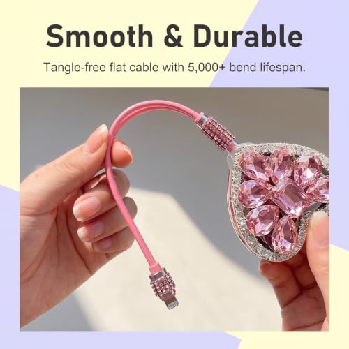 Car 3 in 1 Multi Charging Cable, Stylish Heart-shaped Diamond-studded Retractable Cable for Women/Girls, USB Multi-port Connector, Universal Car Interior Accessories (Pink)