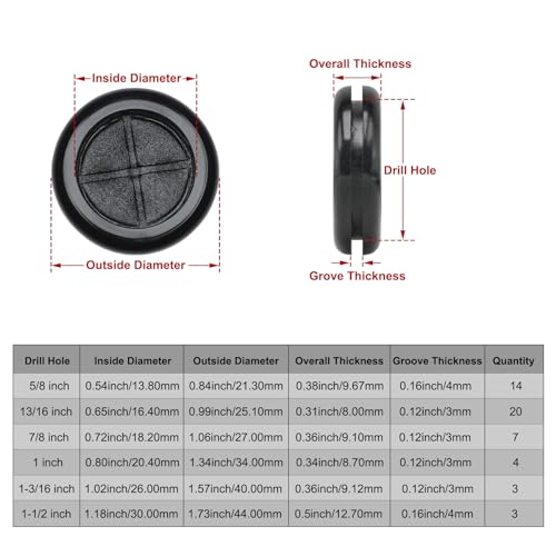 Rubber Grommets for Wiring, Rubber Grommet Kit in 6 Sizes for 5/8", 13/16", 7/8", 1", 1-3/16", 1-1/2" Drill Hole, 51 pcs Black Double-Sided Rubber Plug Solution for Wire Protection - style: Mixed Size