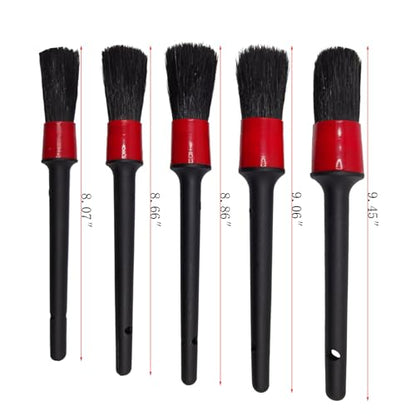 Car Detailing Brush Set of 5 - Boar Hair, Cleaning Brush, Wheel Cleaner Brush, Car Dust Brush, Car Interior Leather Seat and Vent Brush, Parts Cleaner Brush