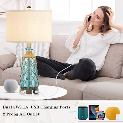 Ruzectt Coastal Glass Table Lamps, 3-Way Dimmable Touch Control Bedside Lamps with 2 USB Ports and AC Outlet, Teal Nautical Nightstand Lamps for Bedroom Living Room (LED Bulbs Included) - color: Teal 1P