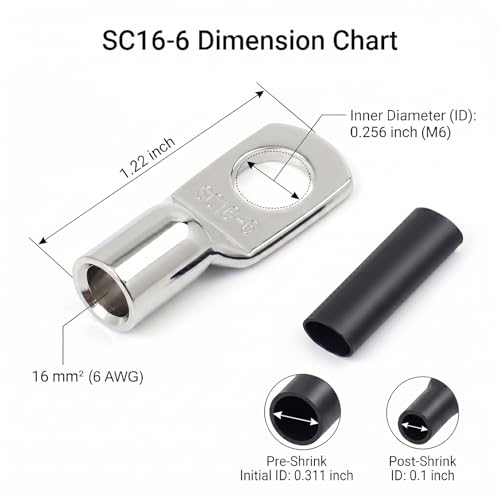10PCS 6 Gauge Wire Connectors with Heat Shrink Tubing, Battery Terminal Ends, Tinned Copper Ring Terminals for 6 AWG - for Automotive, RV, Solar & Outdoor Power Equipment(SC16-6) - size: SC16-6