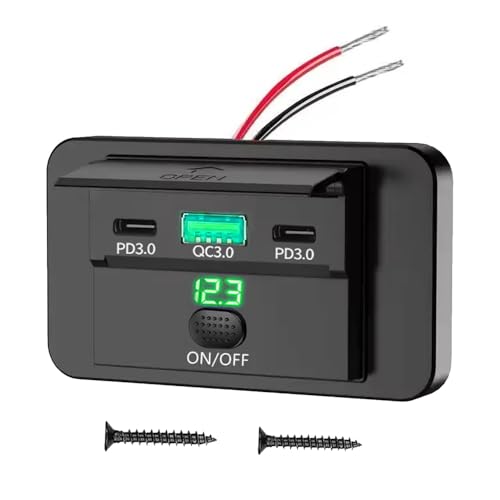 ON/Off Switch 3 Ports USB Car Charger Total 90W, DC 12-24V, USB C PD Max 36W, USB A QC Max 18W, 2 PD+1 QC Dashboard Flush Mount Charge Outlet Socket for RV Bus Boats Truck, Green Voltage Light - color: Green Voltage Light