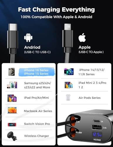 [Upgraded] SUPERONE Retractable Car Charger 4 in 1 Fast Phone Charger - color: Black