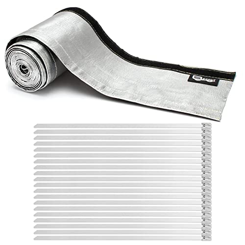 Heat Shroud Aluminized Sleeving Heat Shield fuel line wire heat sleeve 1-1/4''I.D. x 10FT with 20 Pcs 7.8Inch Stainless Steel Cable Metal Zip Ties - size: 1-1/4''I.D. x 10FT