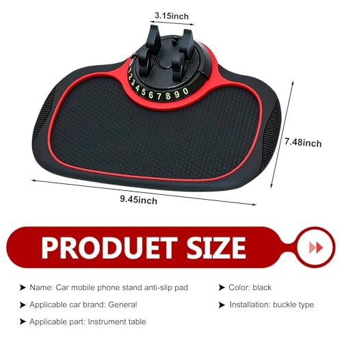 Multifunctional Car Anti-slip Mat, Car Dashboard Anti-slip Pad with Temporary License Plate, 360° Rotatable Dashboard Phone Mount, for Most Cars, Trucks, SUVs (Black & Red)