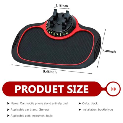 Multifunctional Car Anti-slip Mat, Car Dashboard Anti-slip Pad with Temporary License Plate, 360° Rotatable Dashboard Phone Mount, for Most Cars, Trucks, SUVs (Black & Red)