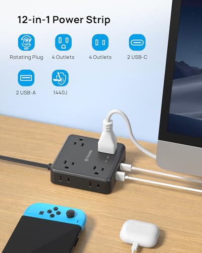 TROND 360° Rotating Flat Plug Power Strip 5ft, 8 AC & 4 USB (2U2C), Black - color: Black, size: 5FT, style: Rotating Plug-2U2C