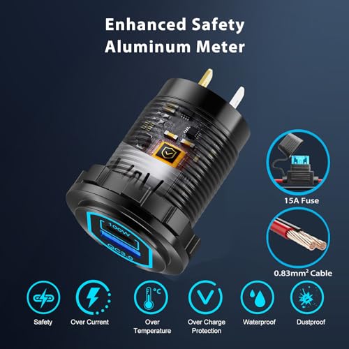 12 Volt USB C Outlet PD 100W Car USB Port for Laptop and QC3.0 18W Car Charger Socket Aluminum Alloy, Fast Charging Cigarette Lighter Replacement DIY Accessary for RV MarineTruck Boat Golf