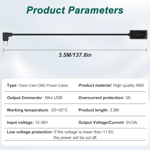 MEIRIYFA OBD OBD2 Power Cable for Dash Camera OBD to Mini USB Right Angle Hardwire Charger 90° Degree Wire Cord,12V-24V to 5V 3A 24 Hours Surveillance/Acc Mode with Switch Button (Mini USB) - style: Mini USB