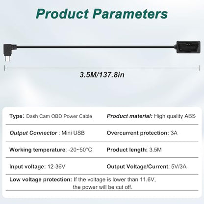MEIRIYFA OBD OBD2 Power Cable for Dash Camera OBD to Mini USB Right Angle Hardwire Charger 90° Degree Wire Cord,12V-24V to 5V 3A 24 Hours Surveillance/Acc Mode with Switch Button (Mini USB) - style: Mini USB