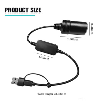 Car USB to Cigarette Lighter Adapter, 60cm USB A & C 12V Cigarette Lighter Socket Power Converter Cable for Car Fan, GPS Dash Cam, Cigarettelighter Socket Adapter, Universal Fit - size: 60cm/23.62 Inches