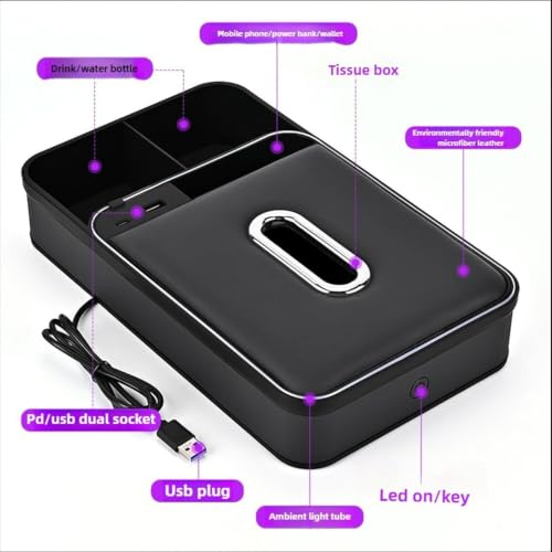 Car Armrest Storage Box with LED Ambient Light, USB/PD Fast Charging, Eco-Friendly Microfiber Leather Tissue Holder, Multifunction Center Console Organizer for Cars, SUVs, and Trucks (Beige)