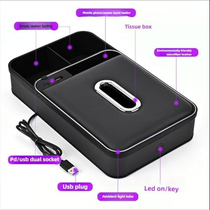 Car Armrest Storage Box with LED Ambient Light, USB/PD Fast Charging, Eco-Friendly Microfiber Leather Tissue Holder, Multifunction Center Console Organizer for Cars, SUVs, and Trucks (Beige)