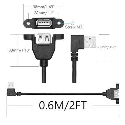 2Pcs 90 Degree USB A Panel Mount Extension Cable 2FT, Charging and Data - style: Left Angle USB A Male to Female Cable - 2FT