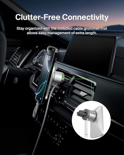 Belkin MagSafe Car Vent Mount Pro, Magnetic Phone Holder for iPhone 16/15/14/13/12, Secure Grip, Portrait & Landscape View, Cable Management, Air Vent Clip, Magsafe Compatible, Silver, Includes Cloth
