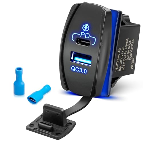 Anina USB Rocker Switch 18W QC3.0 USB 30W PD Outlet Waterproof 12V 24V Dual Ports Charger with Blue LED Light for Marine Vehicle RV Boat Truck UTV
