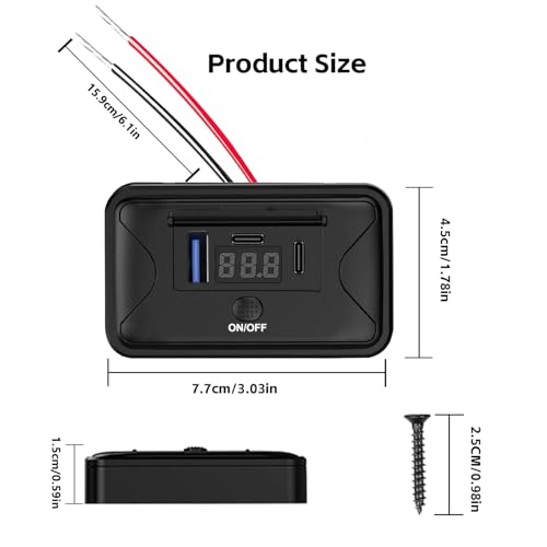 90W 12V USB Outlet Panel Mount Dual PD 36W QC 18W Switch Voltmeter Marine - size: Dual PD+QC