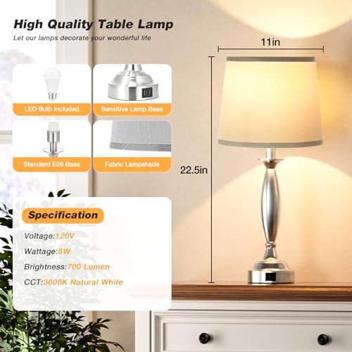 Bedroom Lamps for Nightstand, 3 Way Dimmable Silver Bedside Lamps with USB - color: A. Grey Shade & Nickel Base, size: Medium（22.5 In）