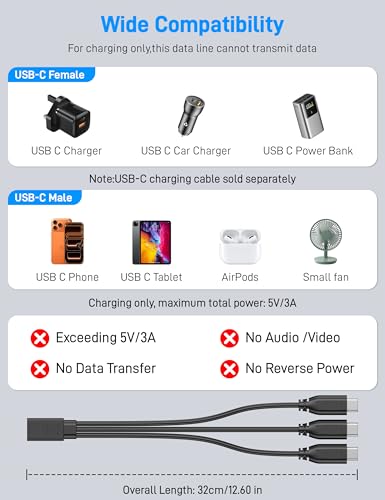 3 in 1 USB C Splitter Charge Cable, Type C Female to 3 Type C Male Charging Cable (Only for Charging, Can't Transmit Data) - style: 1 in 3 out