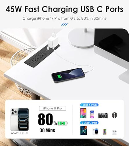 45W USB C Recessed Power Strip, Ultra Thin Flat Plug Recessed Outlet, 4 AC Outlets & 3 USB Port, Flush Mount for Conference Rooms, Office Tables, Furniture-10FT Cord - size: 10FT, style: 45W-2C1A-Black