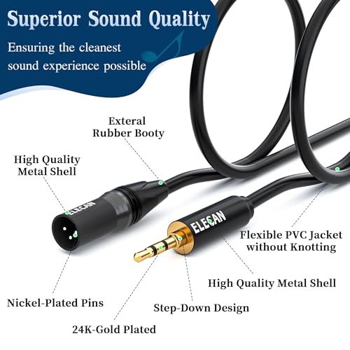 Elecan 3.5mm (1/8 Inch) TRS Aux Male to XLR Male Cable 10 Ft, Balanced Professional Shielded Stereo Microphone Cable Cord, Gold Plated for DSLR Camera Mixer Headphones with 3.5 to 6.35mm Adapter+Ties - size: 10FT, style: 3.5mm to XLR Male