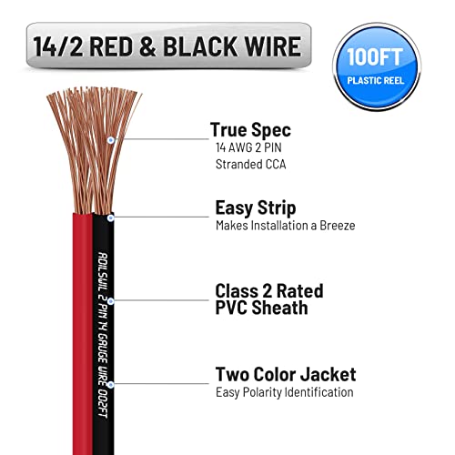 14AWG 100FT Speaker Wire, 2 Conductors Electrical Red Black Cable Hookup LED Lighting Strips Flexible Wire Extension Cord 14 Gauge Copper Clad Aluminum Copper Wire 12V/24V DC Cable - size: 14AWG 100FT CCA