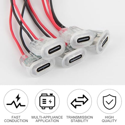 10PCS USB Type-C Female Chassis,3A 2-pin Soldering Jack,2 Wire USB C Panel Mount Connector,24AWG USB C Pigtail Cable Extension Power Cable - style: H
