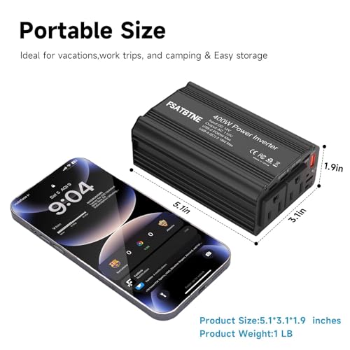 400W Power Inverter, FSATBTNE DC 12V to 110V AC Car Plug Adapter Outlet Converter with [65W PD USB-C] & [18W QC USB-A] Fast Charging Ports and 2 AC Outlets Car Power Inverters for Vehicles Black - color: Black