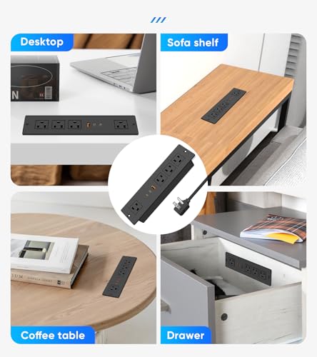 45W USB C Recessed Power Strip, Ultra Thin Flat Plug Recessed Outlet, 4 AC Outlets & 3 USB Port, Flush Mount for Conference Rooms, Office Tables, Furniture-10FT Cord - size: 10FT, style: 45W-2C1A-Black