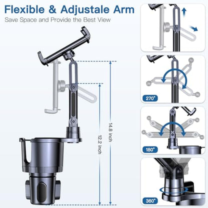 Cup Holder Phone Tablet Mount, 2 in 1 iPad Car Cup Holder with Expander Adjustable Arm for 4.7-10 inches Phone Tablet Mount Compatible for iPad Pro Air Mini, Fire,iPhone 17,Galaxy Phones