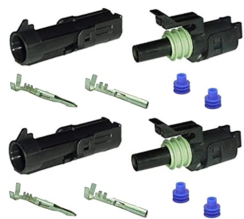 Muzzys (Set of Two) 12-14-16-18 AWG Gauge 1 Pin Position Terminal Weather Pack WeatherPack Connector Male Female Set Weather Proof Guage Gage Wire Quick Disconnect QD Splice Kit