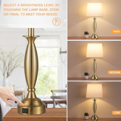 Bedroom Lamps for Nightstand, 3 Way Dimmable Gold Bedside Lamps with USB - color: K. White Shade & Gold Base, size: Medium（22.5 In）