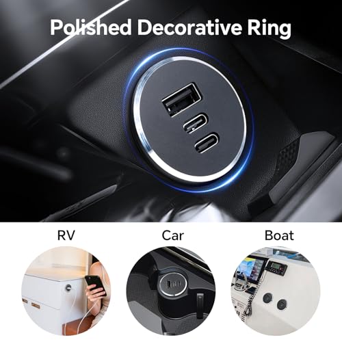 78W 12V USB Outlet with Silver Ring, Aluminum Car USB C Socket - color: 1Pcs