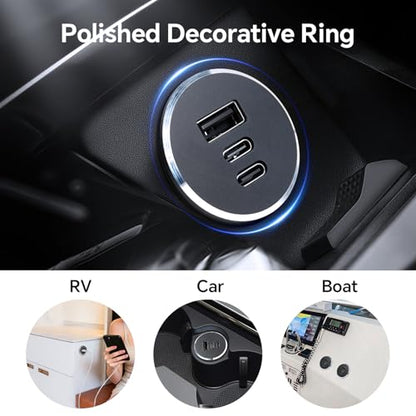 78W 12V USB Outlet with Silver Ring, Aluminum Car USB C Socket - color: 2Pcs