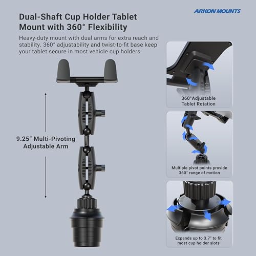 ARKON Mounts Slim-Grip Tablet Mount with Double Robust Car Cup Mount | Universal Fit Tablet Holder | Extendable Cup Holder | Compatible with iPad, Samsung, Google, Kindle and More