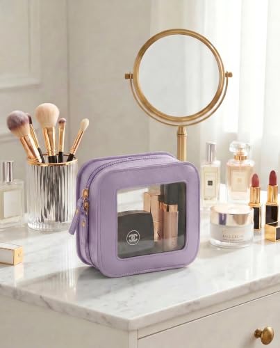 LETGO Mini Clear Makeup Bag - Cute Square Cosmetic Pouch for Travel Essentials with Zipper - For Women & Girls (Square, Purple) - color: Purple, style: Square