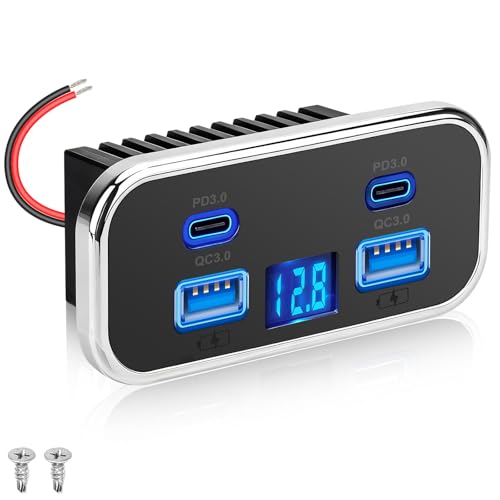 Linkstyle 12V USB Outlet Panel, 4-Port Car Charger with Dual 20W PD USB-C & Dual 18W QC3.0 Ports, Built-in Voltmeter, 12V/24V RV Charging Panel for Camper Travel Trailer - color: 1PCS