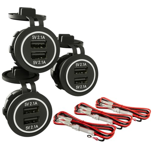 Dual USB Charger Socket Blue LED 12V/24V 2.1A & 2.1A for Marine Motorcycle Truck Golf Cart RV, Car etc.