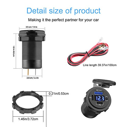 2 Pack 12V USB Outlet, QC3.0 & PD Dual Car Charger with Voltmeter & Switch - color: 2PD+1QC