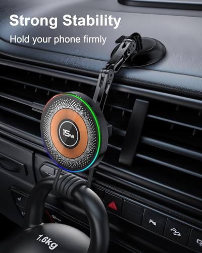 ZBF Magnetic Phone Holder for Car,15W Wireless Fast Charging for MagSafe Car Mount Vacuum Suction Cup Dashboard Windshield Phone Mount for Car 360°Adjustable Magnetic Mount for Women Men iPhone 17/16 - style: Upgraded Mount