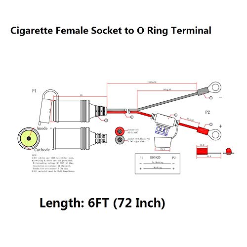 SPARKING 6FT Car Female Cigarette Lighter Plug Socket to Eyelet Terminals 12V Extension Cable with 15A Fuse(6FT) - size: 6FT