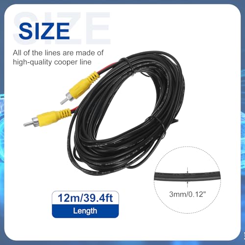 MECCANIXITY Backup Camera RCA Video Cable, 12m/39.4ft RCA Car Rear Reverse Camera Video Extension Cable & Detection Wire for Truck Bus SUV, Male to Male, with Female to Female Coupler, DC Wire - size: 12m/39.4ft
