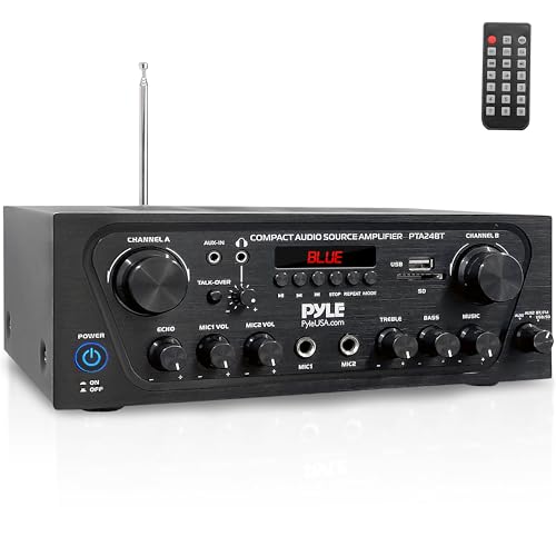 Pyle 2-Channel Bluetooth Home Stereo Amplifier - 250W Wireless Audio Receiver, Karaoke Optimized: Dual Mic In with Echo, Mic Talk-Over, FM Radio, USB-A MP3 Player, RCA, AUX, Remote Ctrl - PTA24BT