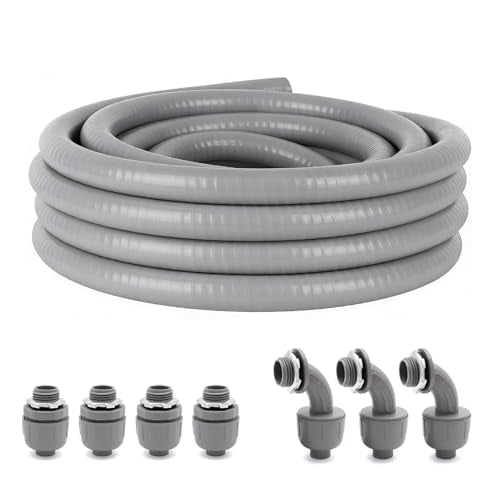 25 Ft Liquid-Tight Conduit and Connector Kit - 1/2 inch Flexible Non Metallic Liquid Tight Electrical Conduit and 4 Straight and 3 Angle Fittings Included. 1/2" Dia - size: 25FT