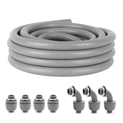 25 Ft Liquid-Tight Conduit and Connector Kit - 1/2 inch Flexible Non Metallic Liquid Tight Electrical Conduit and 4 Straight and 3 Angle Fittings Included. 1/2" Dia - size: 25FT