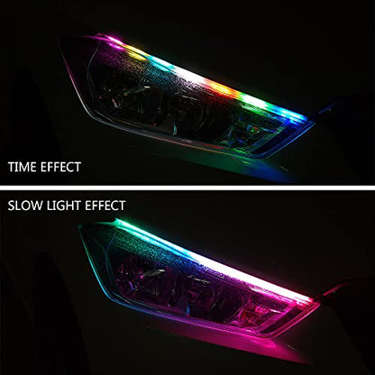 Car Headlight LED Strip, 24Inch RGB Multi Color Headlight Surface LED Daytime Running Lights Flexible DRL Tube Strip Sequential Neon Decorative Switchback Turn Signal Lights APP Contrl 2-Pack