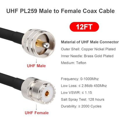 MOOKEERF PL-259 UHF CB Coax Cable - 12FT, RG58 PL-259 UHF Male to Female Low Loss Antenna Extension Jumper for HAM Radio, Antenna Analyzer, Dummy Load, SWR Meter - size: 12FT
