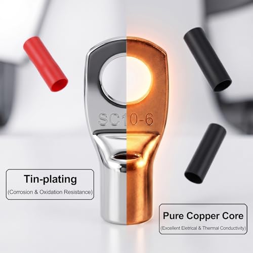 10PCS 8 Gauge Wire Connectors with Heat Shrink Tubing, Battery Terminal Ends, Tinned Copper Ring Terminals for 8 AWG - for Automotive, RV, Solar & Outdoor Power Equipment(SC10-6) - size: SC10-6