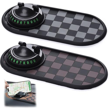2PCS Multifunction Car Anti-Slip Mat, Car Anti Slip Mat Phone Holder,360° Rotatable Dashboard Organizer Pad with Parking Number for Phone,Sunglasses and Keys (Gray Black & Brown Black)